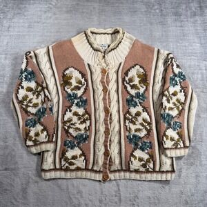 Rainbow Bridge Cardigan Women Large Pink Floral Cable Knit Chunky Boho Sweater